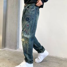 批发实拍美式潮牌宽松破洞补丁牛仔裤男复古做旧哈伦锥形裤子