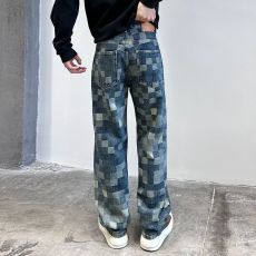 批发实拍秋冬美式休闲痞帅轻奢复古格子提花牛仔裤男直筒宽松阔腿长裤