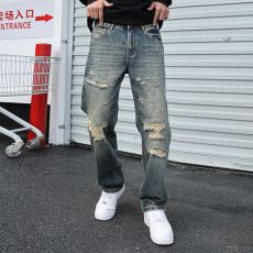 批发实拍美式重工破洞高街牛仔裤男士宽松百搭直筒阔腿休闲长裤