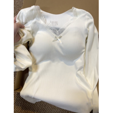 批发实价秋冬蕾丝带蝴蝶结V领休闲百搭打底T恤带胸垫保暖修身显瘦内搭