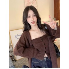 批发韩版2025秋冬新款抹胸排扣打底衫外搭毛衣外套两件套慵懒风上衣女