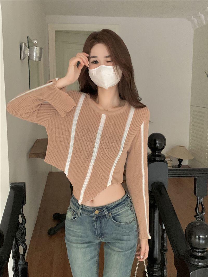 아메리칸 핫걸 불규칙 가을 긴팔 패치워크 색상 디자인 몸매 가꾸기 쇼트 스타일 새로운 Chic 맨위 품격 니트 스웨터