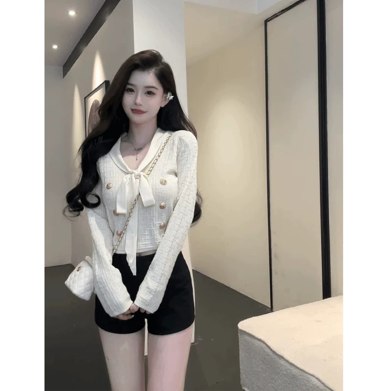 프랑스식 무거운 작업 금속 버클 자카드 리본 니트 스웨터 여성 가을 품격 V넥 몸매 가꾸기 고급 센스 아름다운 맨위