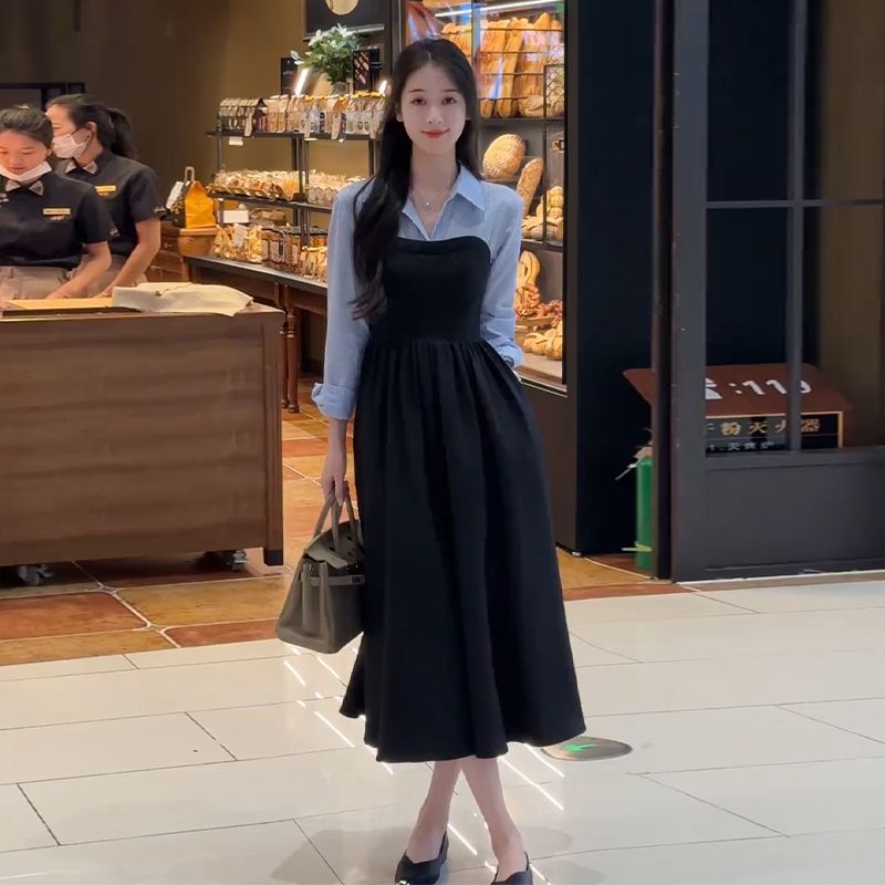 MY12574# 2025春季新款女条纹拼接假两件衬衫黑色连衣裙法式高级感气质长裙