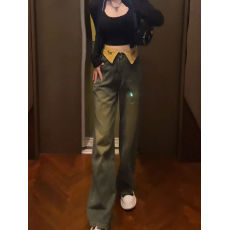 批发复古洗水做旧撞色翻领设计高腰阔腿<b class='q'>牛仔裤</b><b class='q'>女</b>秋新款宽松显瘦拖地裤