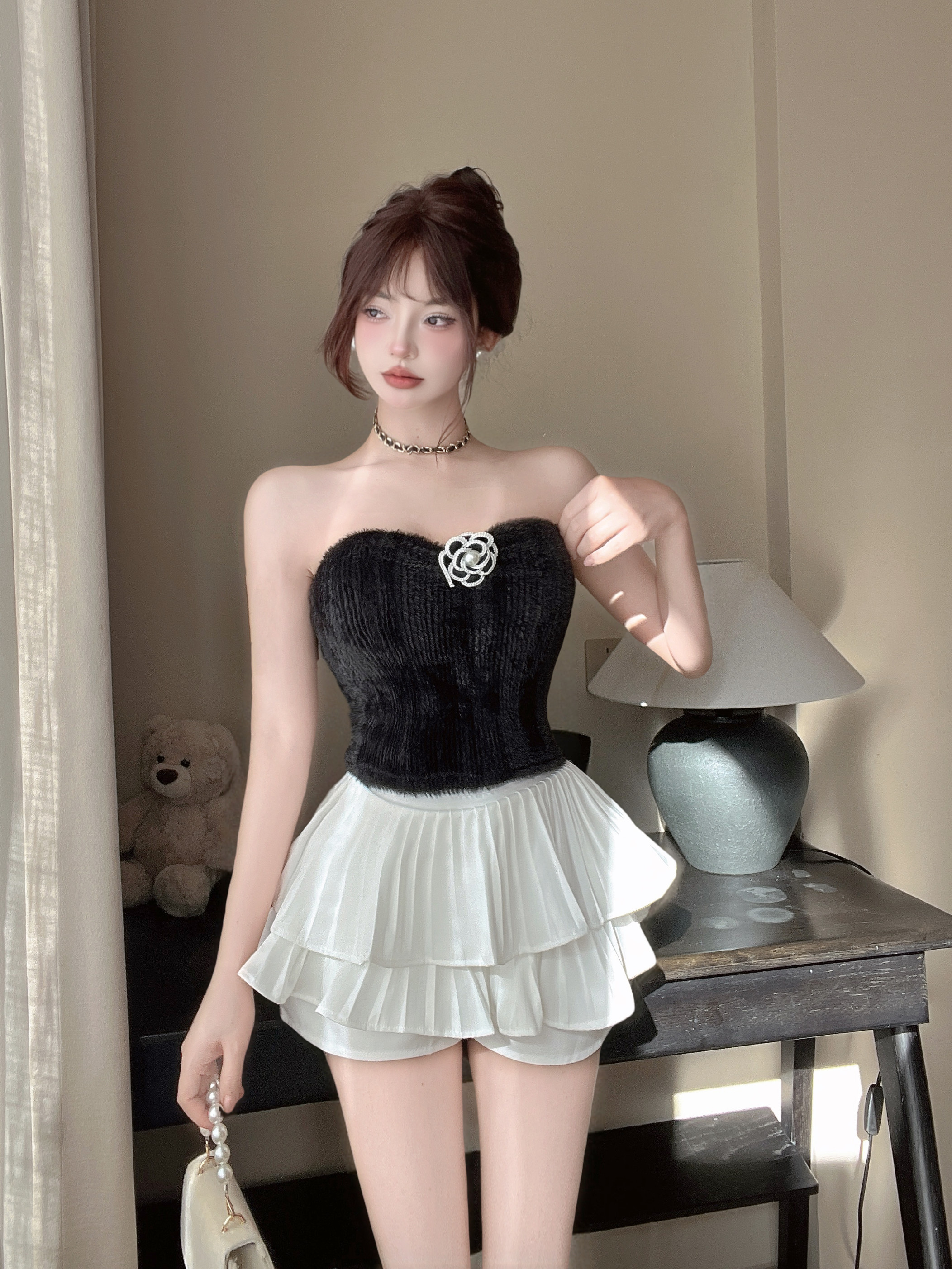 实拍小香风毛绒辣妹气质吊带背心内搭性感高级感打底抹胸蛋糕半裙