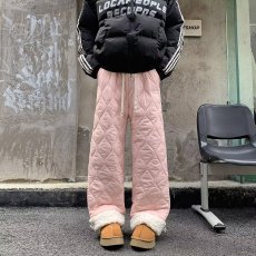 批发羊羔绒棉裤菱格纹休闲运动裤女秋冬加厚高腰阔腿裤宽松直筒拖地裤