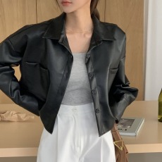 批发chic 韩国春季时尚简约口袋单排扣短款复古百搭休闲衬衫皮衣外套