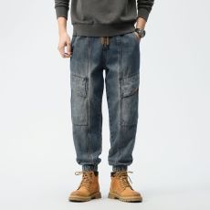 批发实拍秋冬新款工装牛仔裤宽松潮牌多口袋束脚长裤美式复古牛仔裤