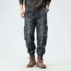 批发实拍秋冬新款束脚牛仔裤男潮牌水洗高街美式大码工装宽松休闲长裤
