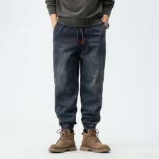 批发实拍秋冬美式复古牛仔裤男宽松潮牌松紧腰束脚潮流休闲工装裤