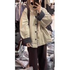 批发实价有货复古黑灰格子两面穿立领夹棉外套女春季慵懒宽松棉服棉衣