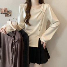 批发实拍大码~2026春款韩版不规则开叉长袖打底针织衫气质百搭上衣