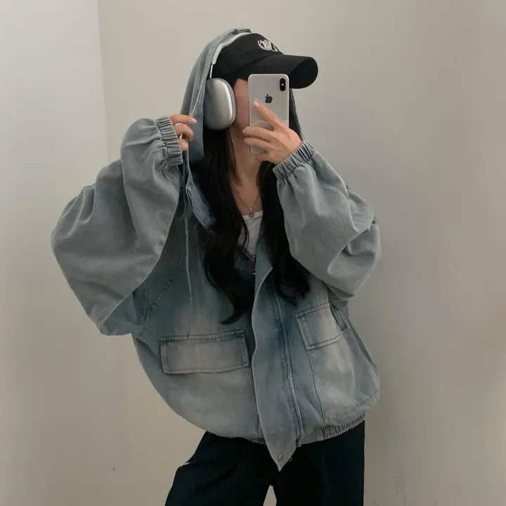 있음 선적 chic 패션 루즈핏 후드 더블 지퍼 데님 여성 코트
