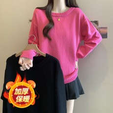 批发2026春<b class='q'>秋</b>新款落肩袖针织衫上衣大码女装微胖mm宽松内搭毛衣打底衫