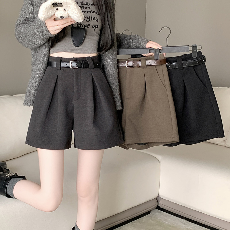 PF28564#毛呢短裤女新款高腰阔腿裤纯色靴裤简约休闲裤子女裝貨源服裝批發