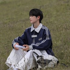 批发青少年翻领外穿常规款长袖欧路得美式条纹开衫卫衣潮牌新款春秋