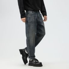 批发实拍秋冬新款美式复古宽松休闲直筒牛仔裤男经典高级感弹力裤子