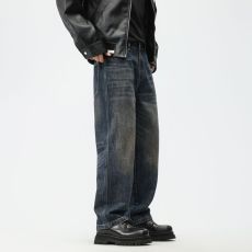 批发实拍秋冬新款美式复古宽松休闲直筒牛仔裤男经典洗水弹力长裤