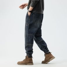 批发实拍秋冬新款美式复古工装牛仔裤宽松松紧腰高街耐磨水洗束脚裤