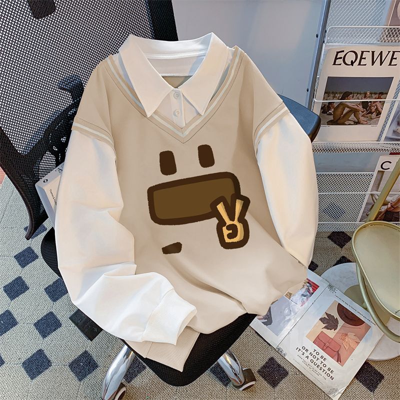 LN68976# 后包领斜纹上衣薄款POLO领卫衣女卡通长袖外套 服裝批發女裝批發服飾貨源