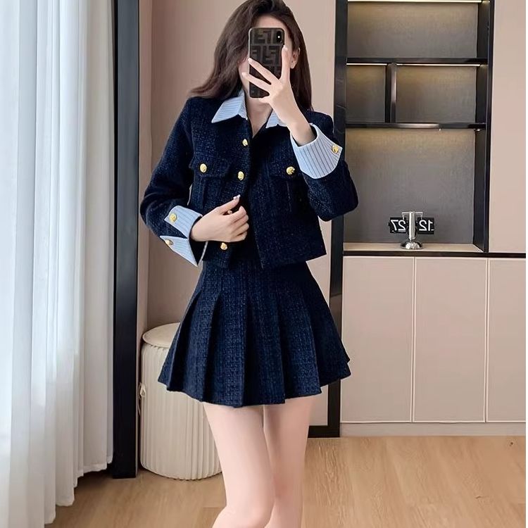 MY5991# 小洋装名媛高端小香风套装女韩式千金加厚毛呢百褶短裙两件套女...