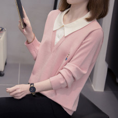 批发2026春<b class='q'>秋</b>新款刺绣娃娃领拼色假两件针织衫上衣大码女装微胖mm毛衣