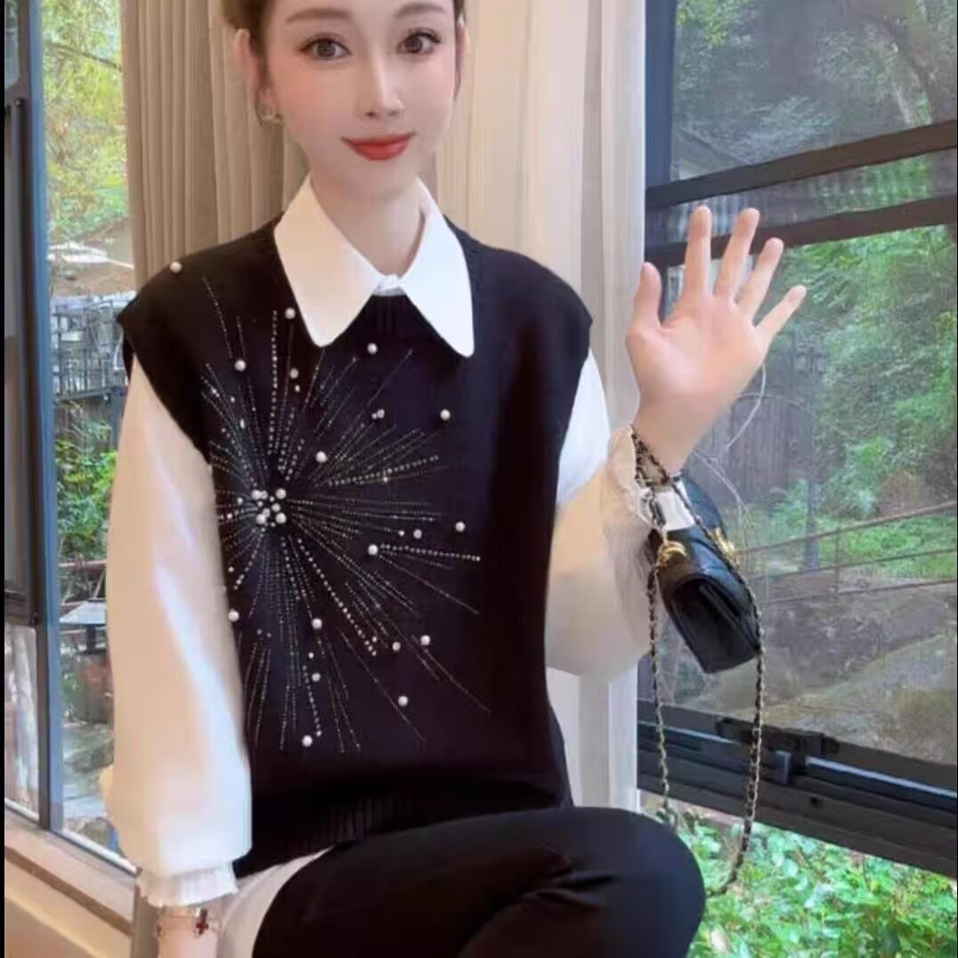 PF28443# 黑色重工钉珠套头针织衫马甲女款新款秋冬季叠穿毛衣背心上衣女裝貨源服裝批發