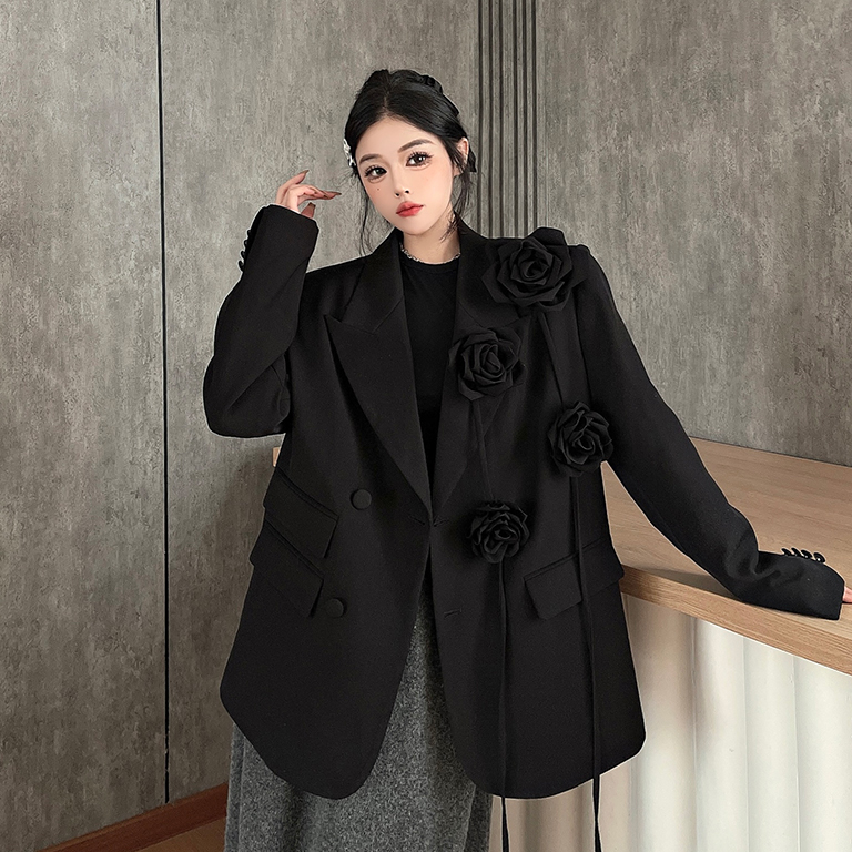 실제 촬영 정가 블랙 3 차원 꽃 무거운 작업 블레이저 틈새 시장 디자인 고급 센스 어깨 패드 정장 맨위
