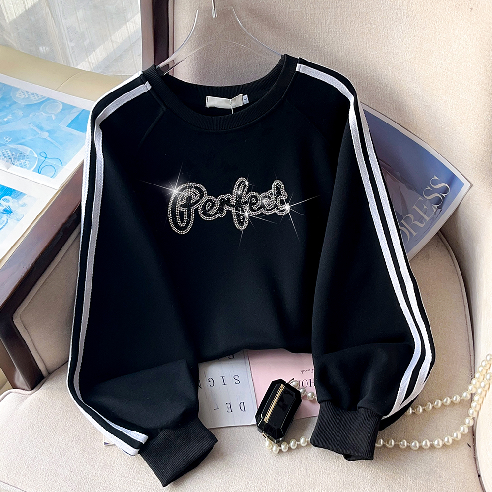 PF28745#高品质重工闪钻字母三道杠黑色卫衣女新款休闲上衣女裝貨源服裝批發