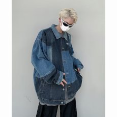 批发日系复古拼接潮牌牛仔外套男款春秋新款休闲宽松工装街头水洗夹克