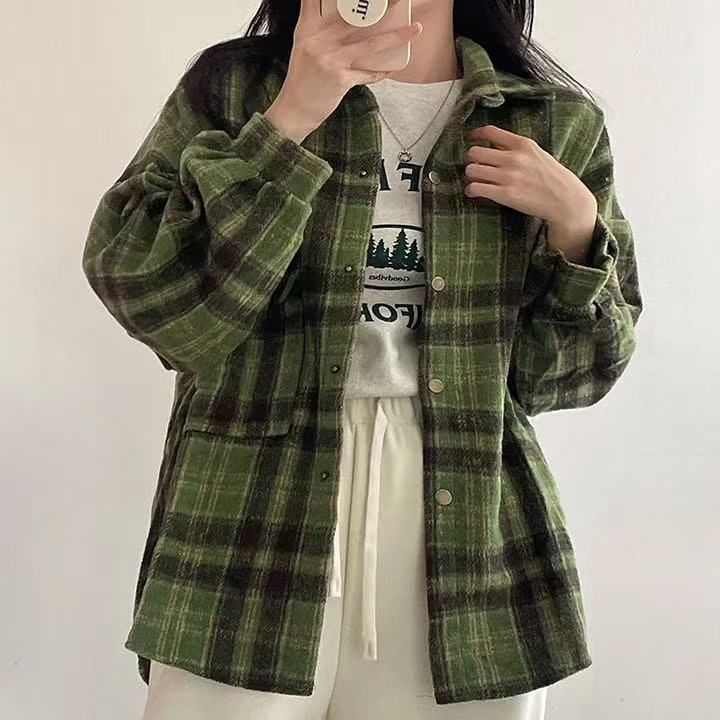 한국 스타일 겨울 모직 격자 무늬 셔츠 게으른 바람 레트로 캐주얼 chic 루즈핏 긴팔 빅 사이즈 모직 여성 코트