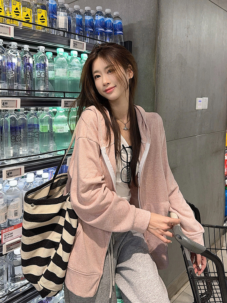 PF27964#烟粉连帽卫衣开衫外套女裝貨源服裝批發