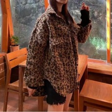 批发<b class='q'>韩版</b>冬季爽口袋豹纹毛呢衬衫懒惰风休闲百搭复古经典衬衣外套女