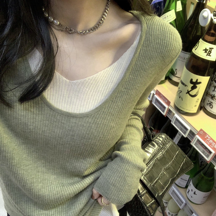 봄 가을 새로운 V넥 불규칙 니트 스웨터 페이크 레이어드 여성 레저 인사이드 가져 가라. 예쁜 스웨터 Chic 작은 대중 맨위