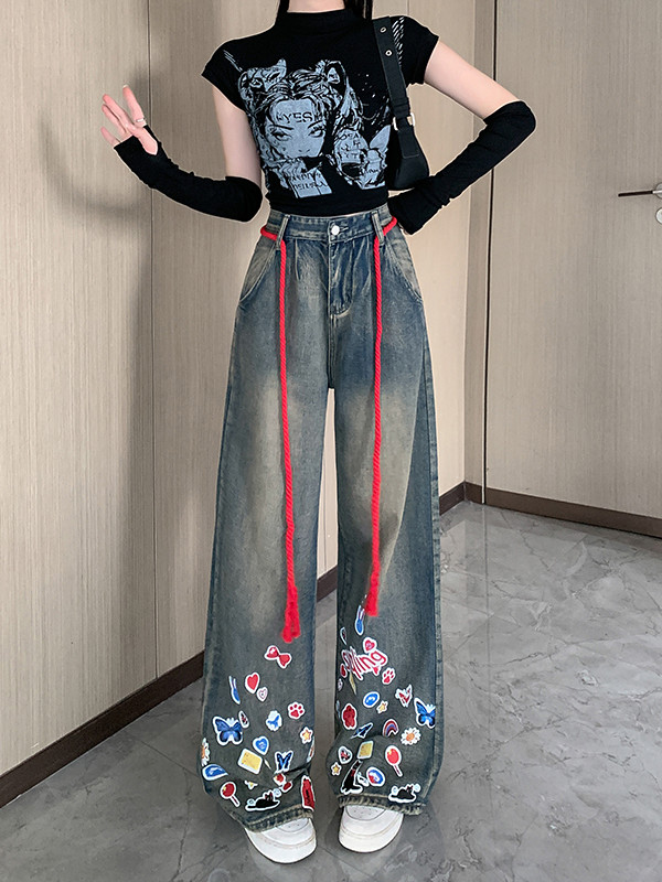 PF27979#美式复古卡通涂鸦牛仔裤女冬季新款高腰垂感宽松阔腿裤女裝貨源服裝批發