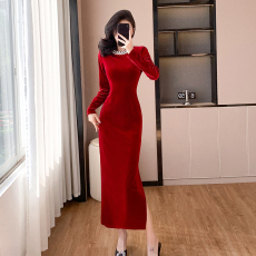 批发实拍 倪妮<b class='q'>明星</b>同款女神范赫本性感重工钻石中长款裙子6938