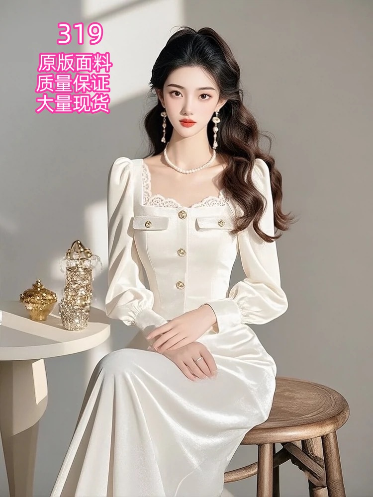 RY1217# 2026春法式小香风白色丝绒连衣裙气质高级感漂亮独特年会礼...