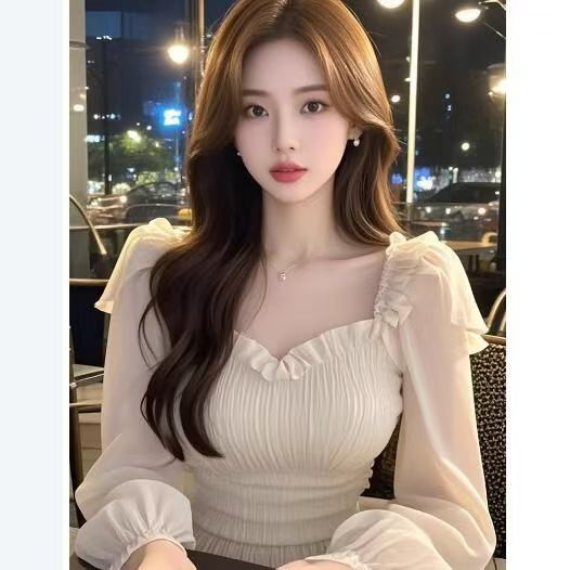 PF27999# 纯欲风杏色方领荷叶边长袖衬衫女新款小个子修身显瘦短款上衣女裝貨源服裝批發
