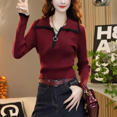 批发春秋新款拉链翻领针织打底衫女韩版百搭显瘦长袖拼色毛衣套头上衣