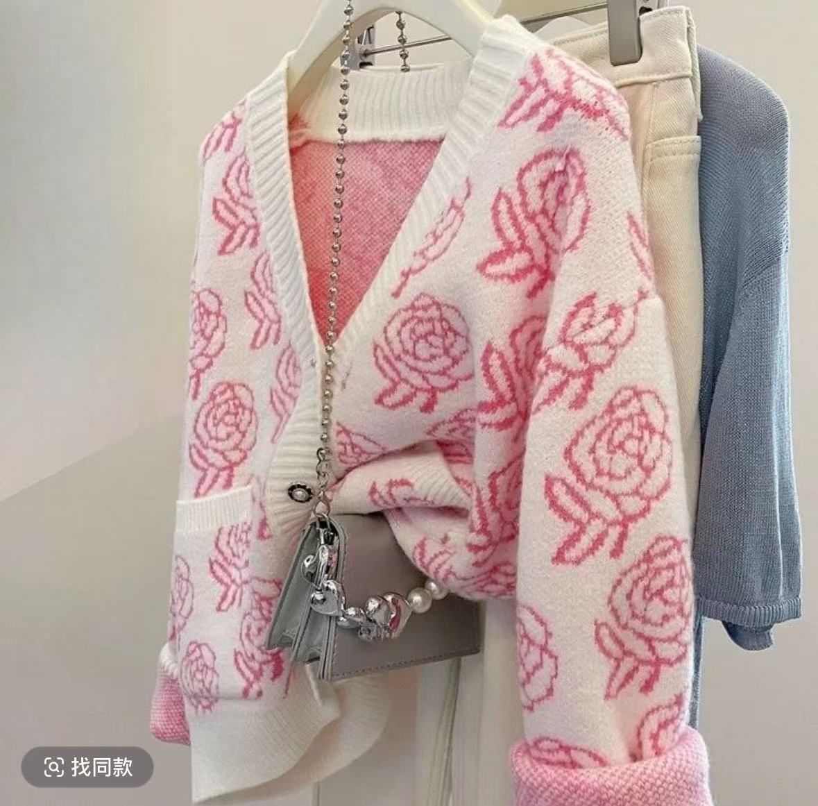 PF27959#玫瑰花开衫女新款粉色修身短重工提花针织通勤女裝貨源服裝批發
