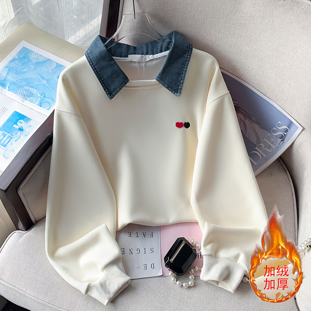 PF28746#新款牛仔领子拼接假两件爱心刺绣卫衣女韩版简约女裝貨源服裝批發