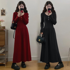 批发实拍大码女装2024秋冬新款酒红色复古气质针织内搭打底裙长裙