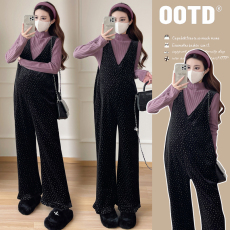 批发原创实拍2024冬季针织打底+小<b class='q'>碎花</b>时尚背带裤孕妇清新两件套套装