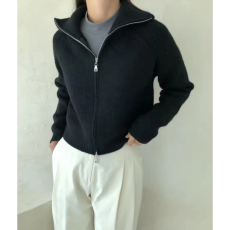 批发韩系复古<b class='q'>高领</b>双拉链长袖<b class='q'>毛衣</b>外套女秋冬新款设计感休闲百搭针织衫