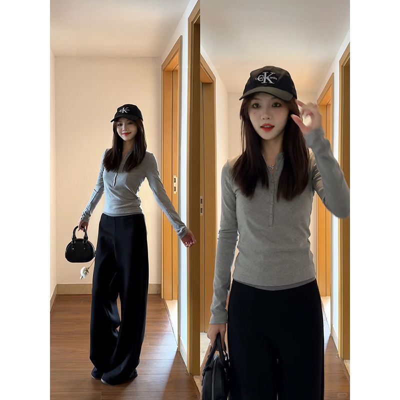리브 단추 헨리 셔츠 V넥 몸매 가꾸기 긴팔 티셔츠 여성 가을 겨울 털이 있는 기본 셔츠 슬림해 보이는 긍정적 인 어깨 인사이드 잡아라. 의류