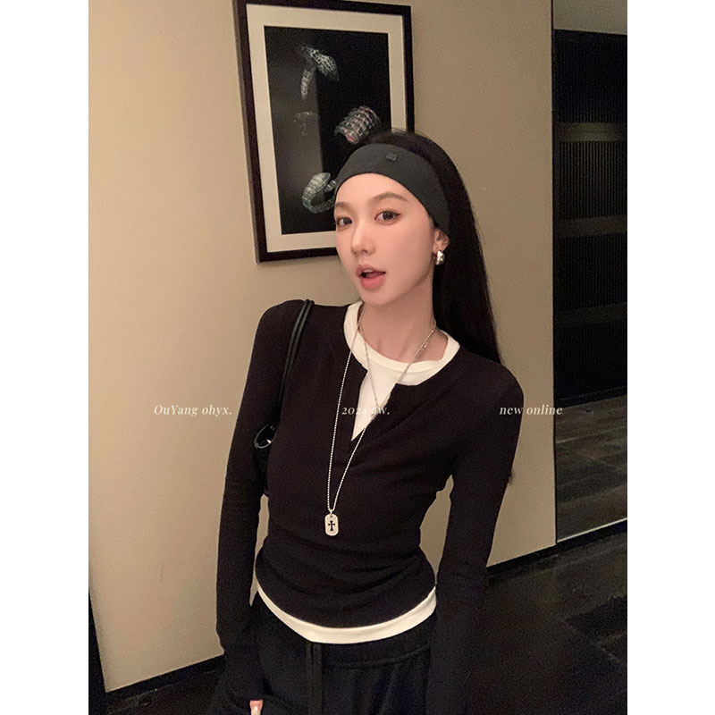 높은 품질 원단 페이크 레이어드 긴팔 긍정적 인 어깨 티셔츠 이른 가을 새로운 Chic 맨위 인사이드 가져 가라. 기본 셔츠