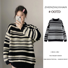 批发慵懒风宽松黑白条纹毛衣女<b class='q'>春</b>秋新款圆领百搭针织衫套头长袖上衣潮
