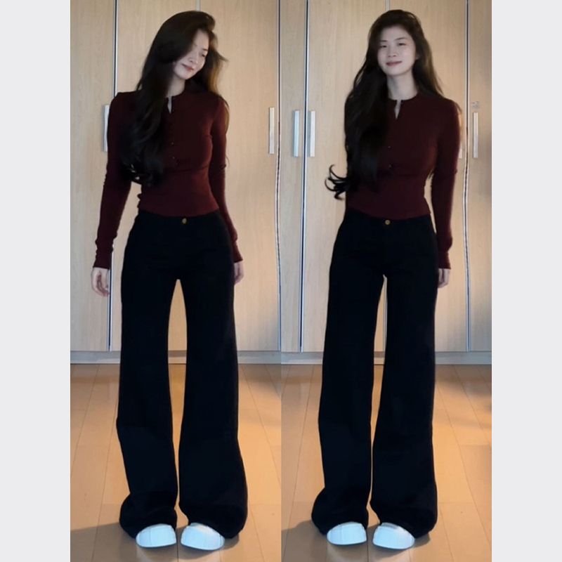 와인 레드 V넥 기본 셔츠 여성 가을 겨울 인사이드 가져 가라. 새로운 허리 수축 몸매 가꾸기 디자인 센스 외국 가스 긴팔 맨위