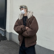 批发美拉德毛领棉服男女冬季高级感美式复古短款棉衣加厚夹棉连帽外套